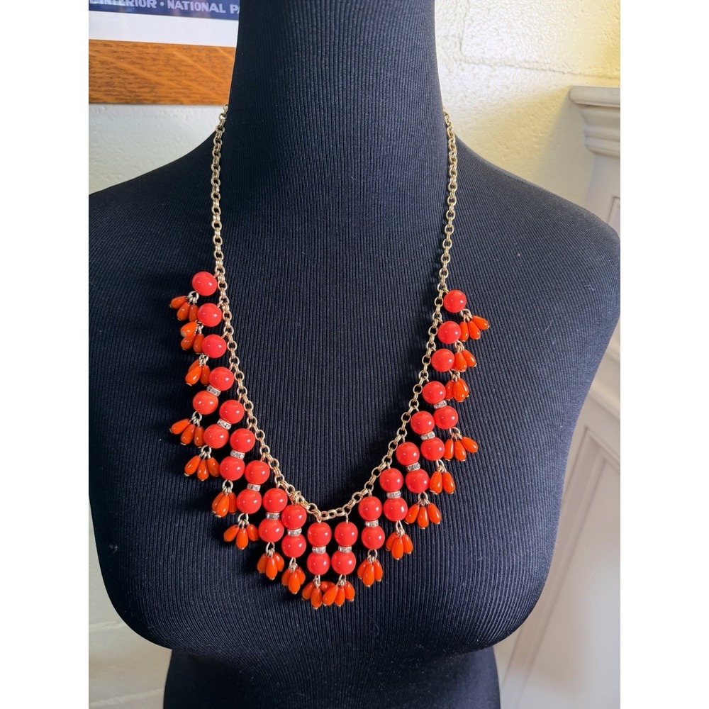 J.‎ Crew Coral Orange Statement Bib Necklace Rhinestone Accents 26" Gold Tone
